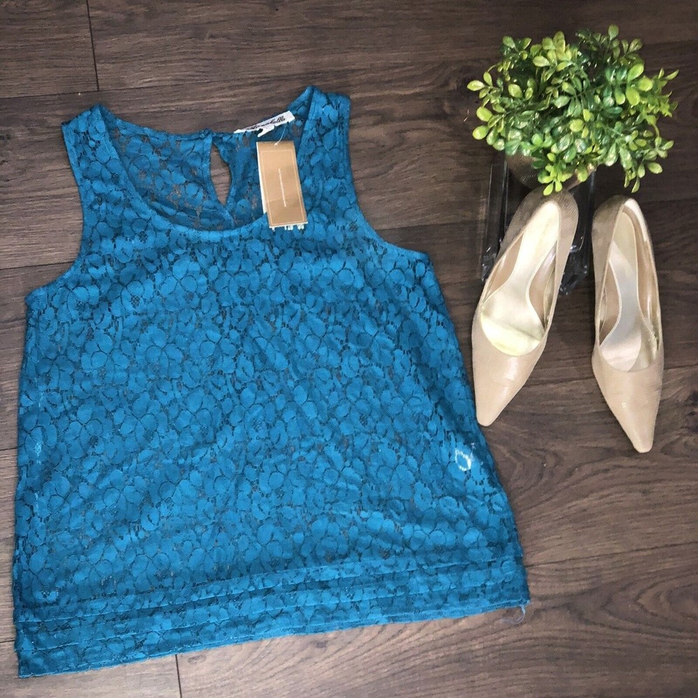 NWT Rafaella Top Womens Medium Sheer Lace Mesh Blue Floral Beach Boho Blouse… - Picture 10 of 12